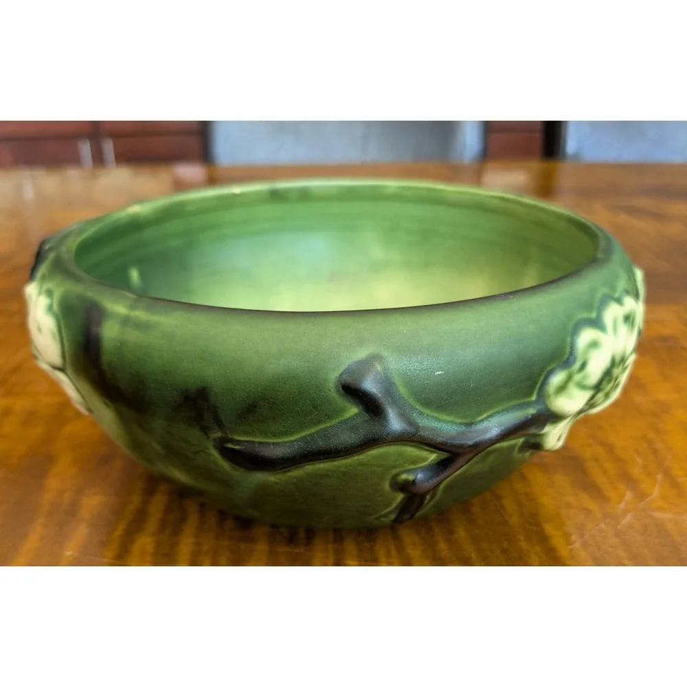 Roseville Pottery Dogwood Green Smooth 1920 Art Pottery Bowl - Picture 3 of 8